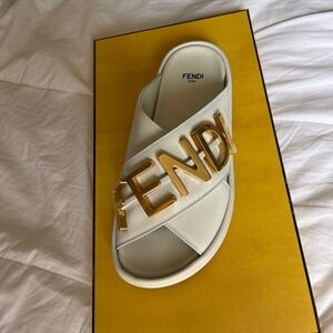 White Leather Fendi Slides
